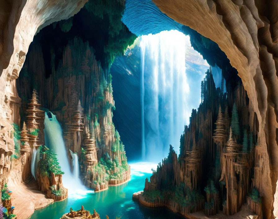 Majestic cave with stalagmites, waterfall, and blue lagoon