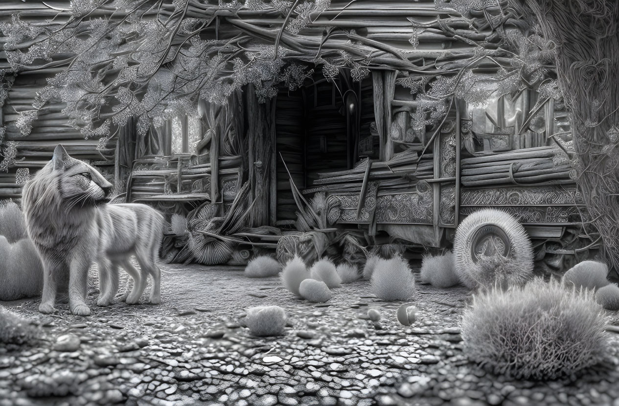 Monochrome fantasy landscape with wolf, unique trees, and rustic cabin