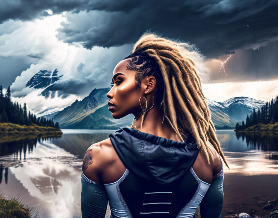 Woman with dreadlocks against dramatic mountain backdrop and lightning reflected in lake