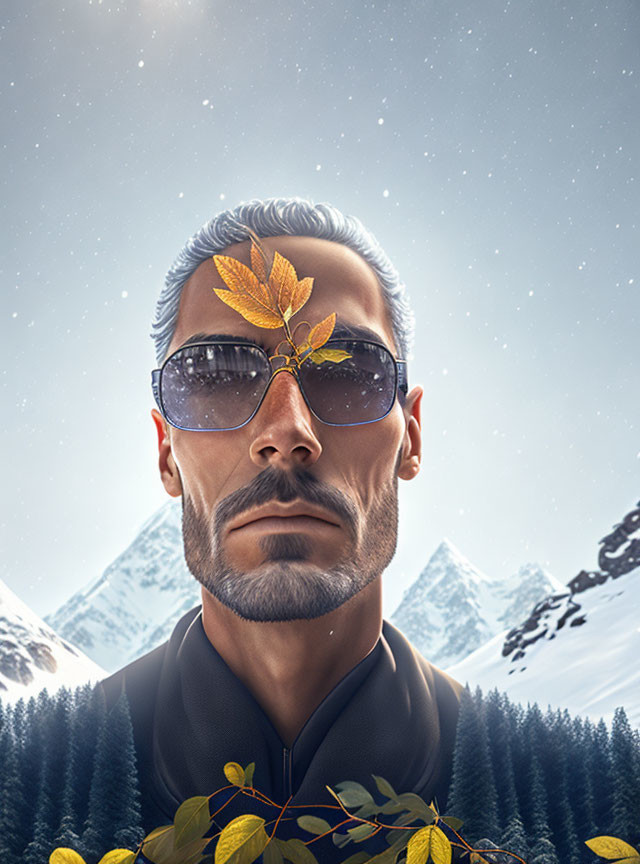 Stylized portrait of man with silver hair and sunglasses against snowy mountain.