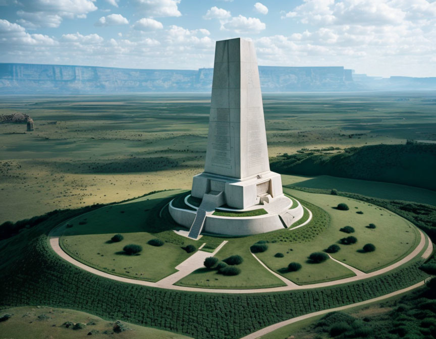 Monument with Staircase in Lush Landscape and Hills