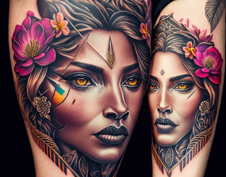 Symmetrical woman's face tattoo with pink flowers and geometric patterns