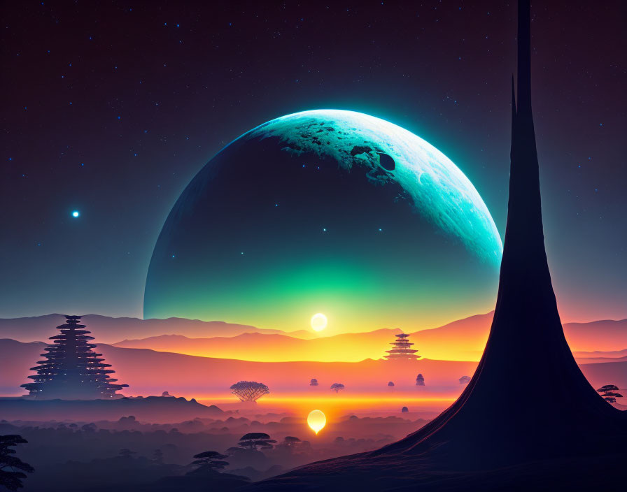 Sci-fi landscape with large moonrise, starry sky, spire-like structure, trees, mist