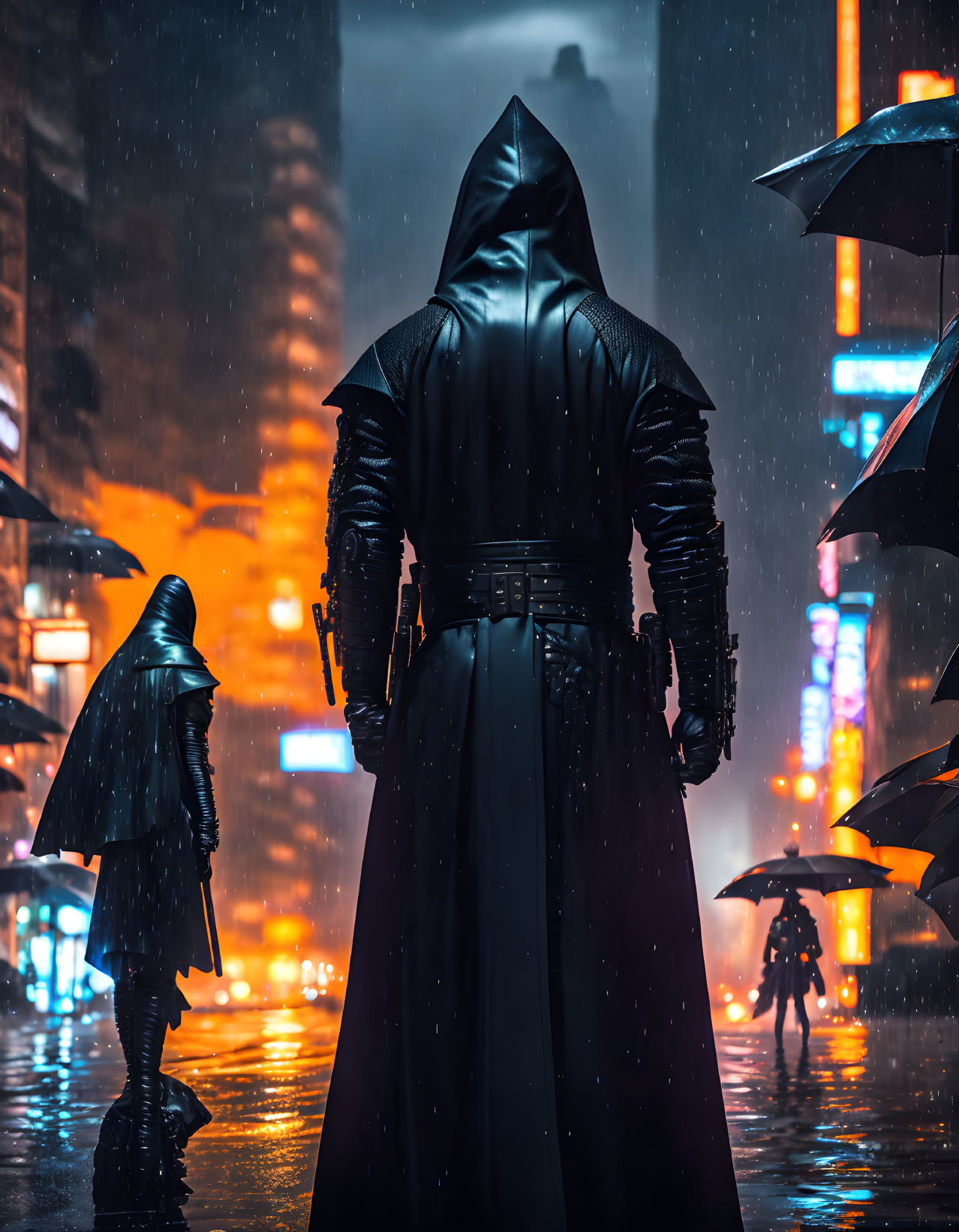 Mysterious figure in dark cloak on neon-lit city street