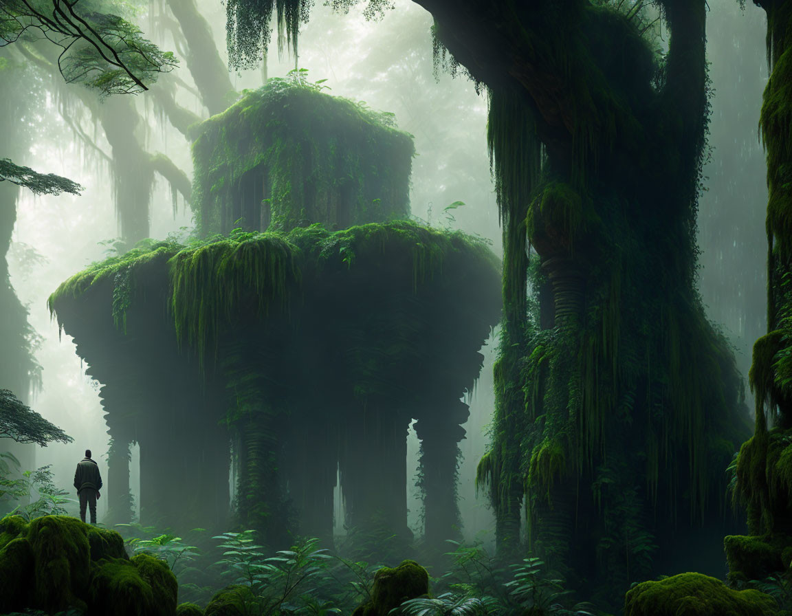 Misty forest scene with towering trees and moss-covered ground