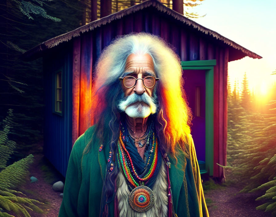 Elderly man with long white hair and beard in bohemian attire at sunset