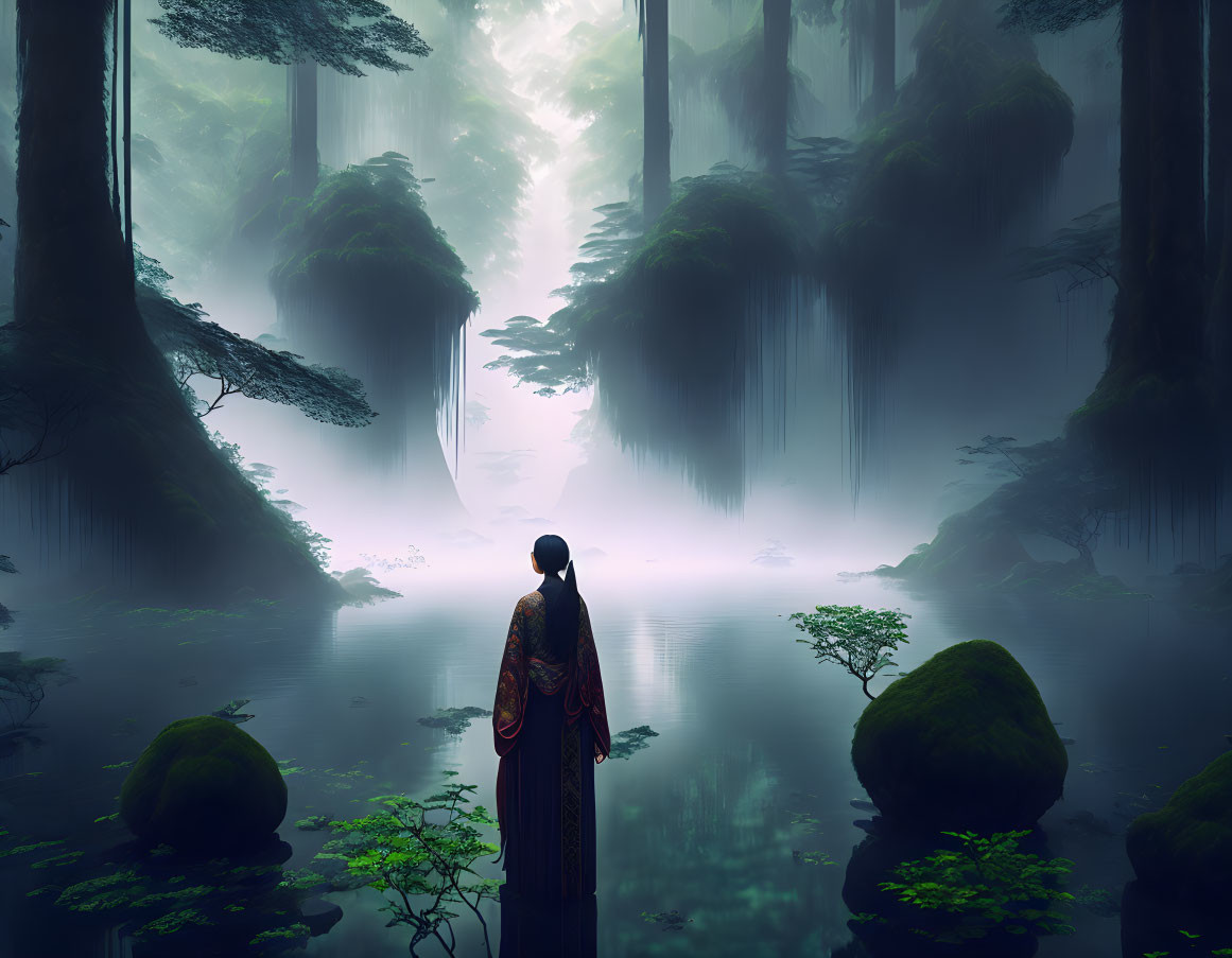 Figure in traditional garb by serene pond in mystical forest with hanging moss and streaming light