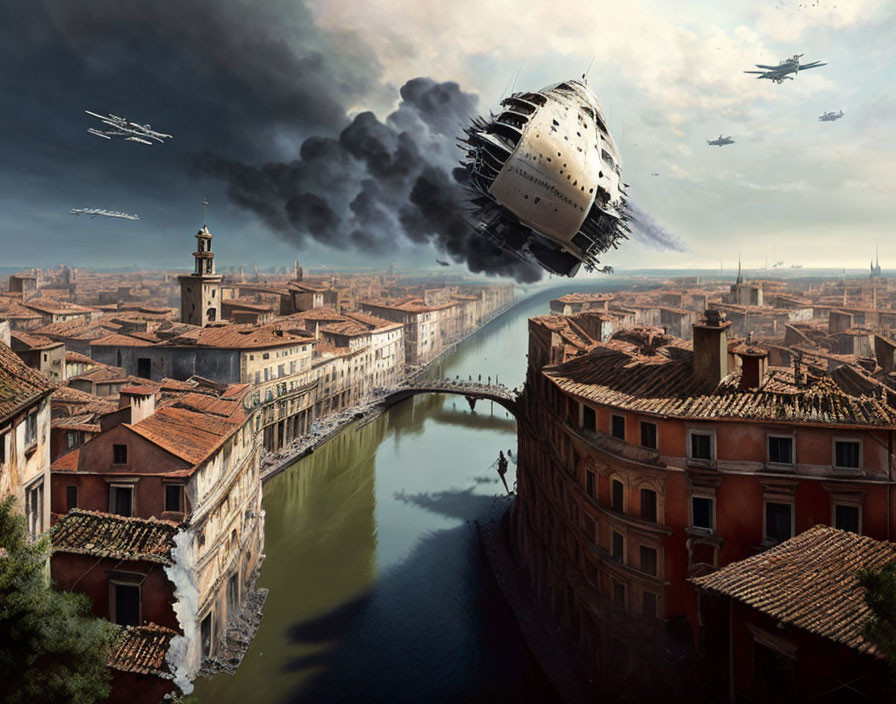 Digital Art: Dystopian airship crash in old European city