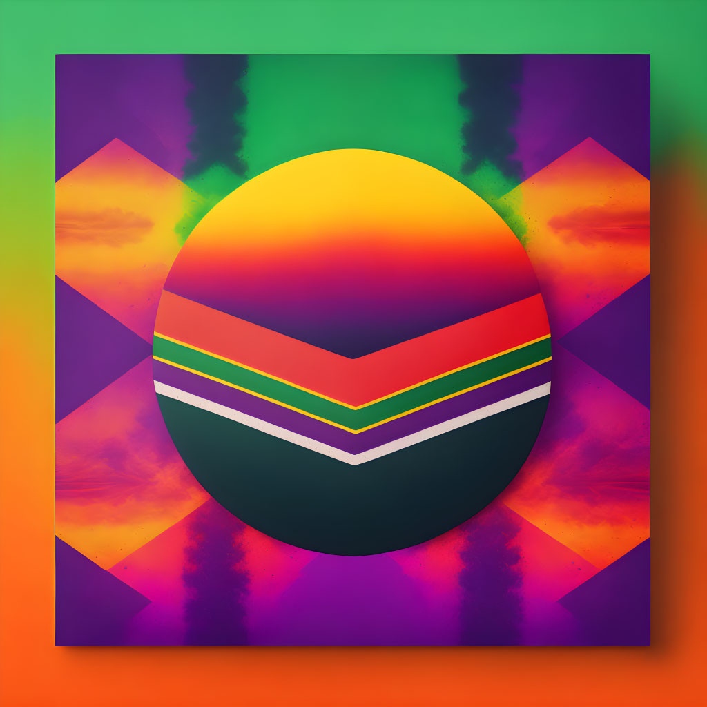 Egg-shaped sunset graphic with layered stripes on vibrant background