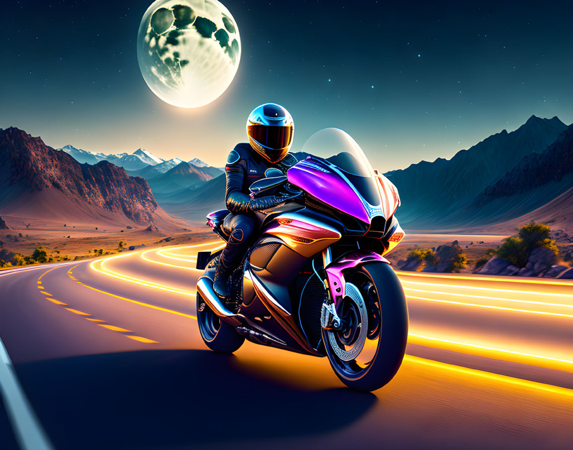 Motorcyclist in reflective helmet on winding mountain road at night