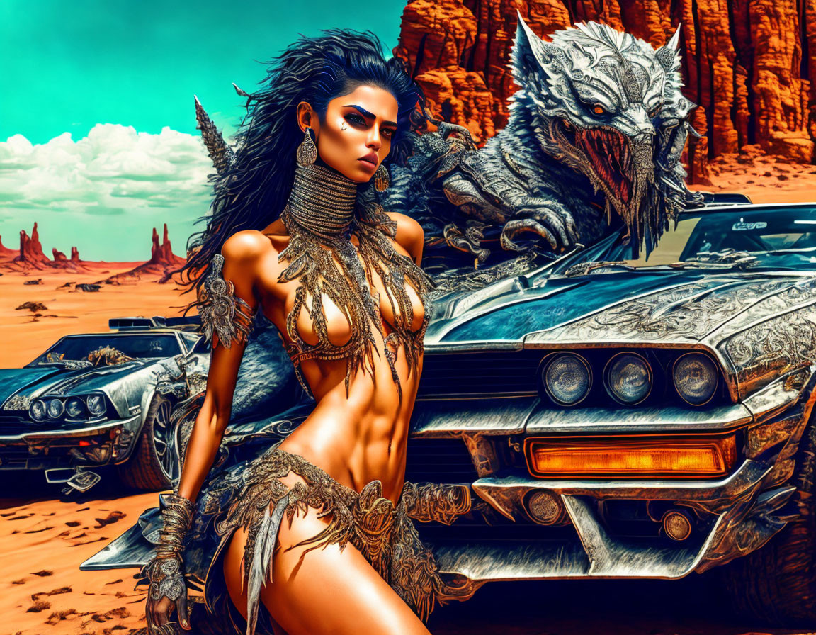 Fierce woman in ornate armor next to classic car with dragon figurehead in desert landscape