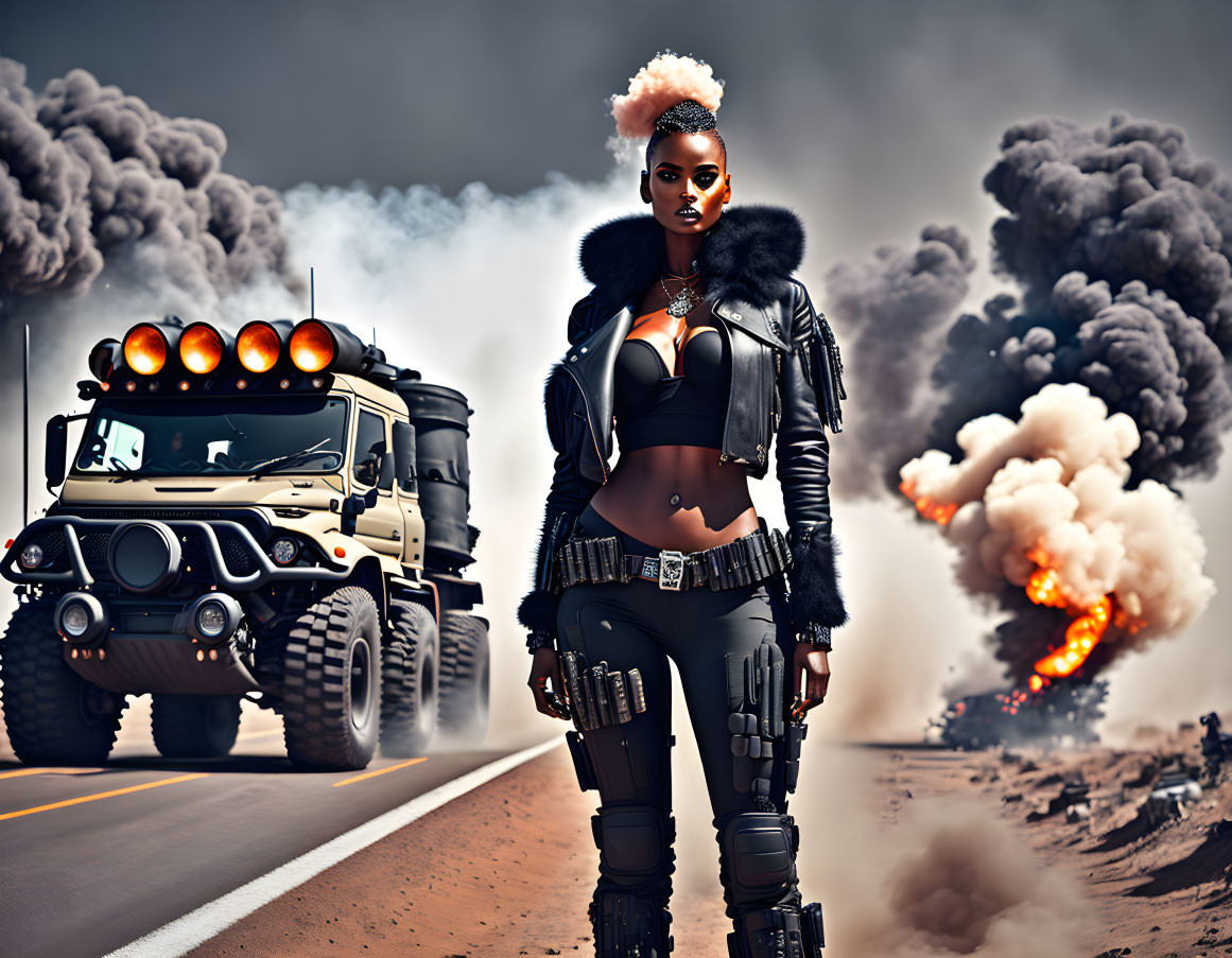 Confident woman in edgy black attire on road with rugged vehicle and smoke