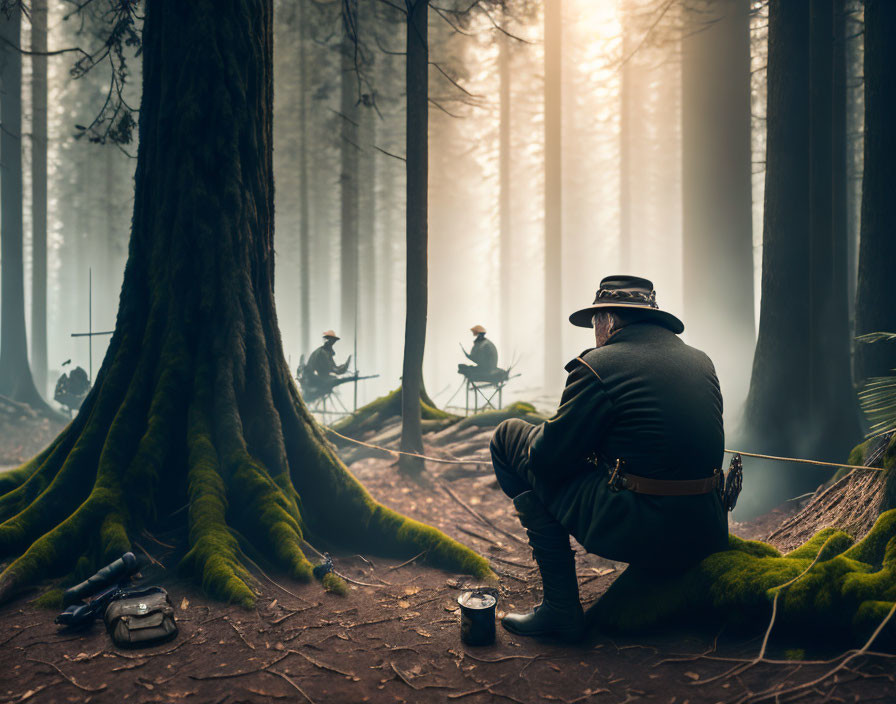 Person in hat on stump in foggy forest with campfire scene