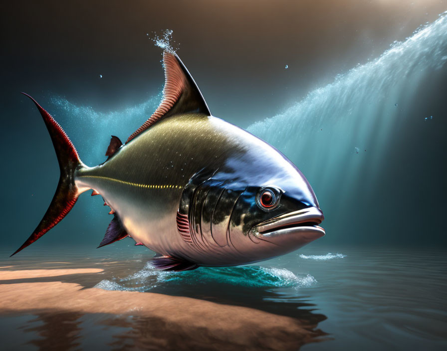 Digital artwork: Tuna fish leaping with light rays in ocean.