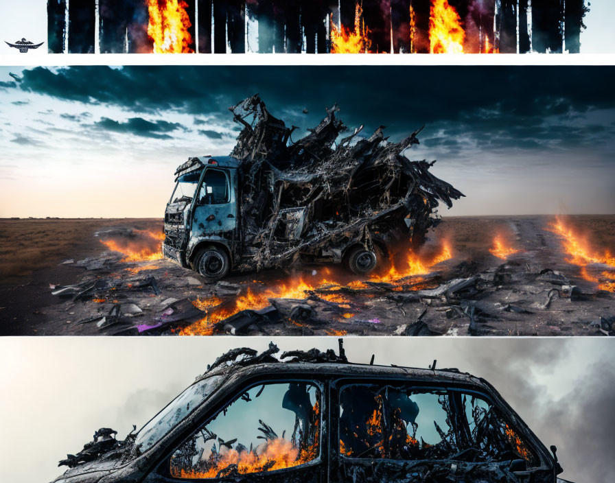 Triptych of Burning Truck in Desolate Landscape