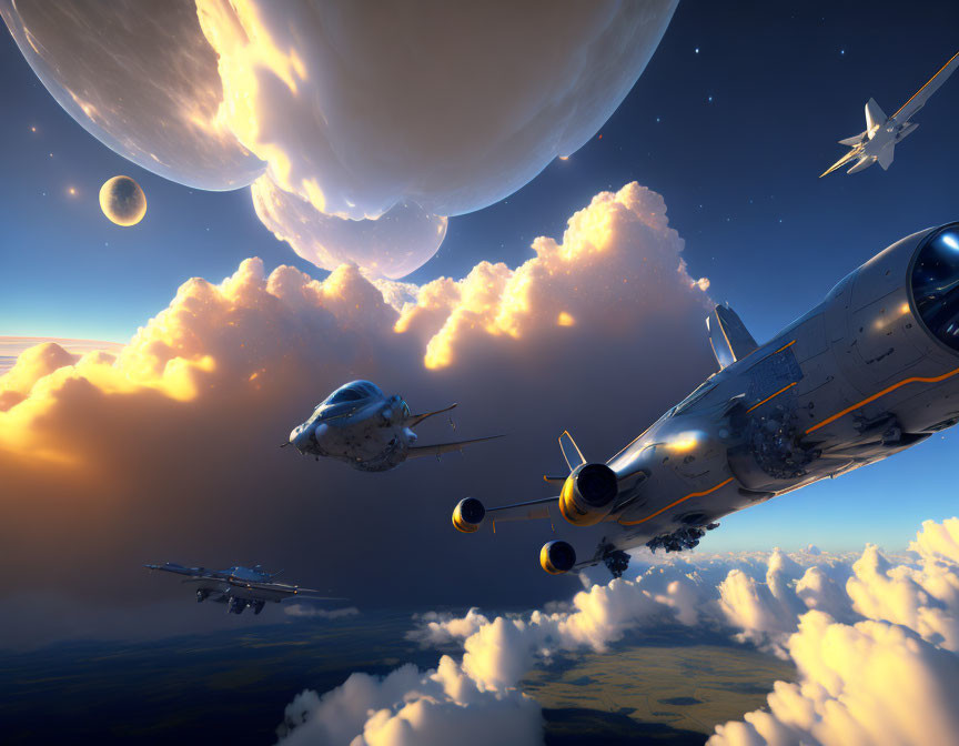 Sci-fi spacecraft flying above clouds with large planets in blue sky