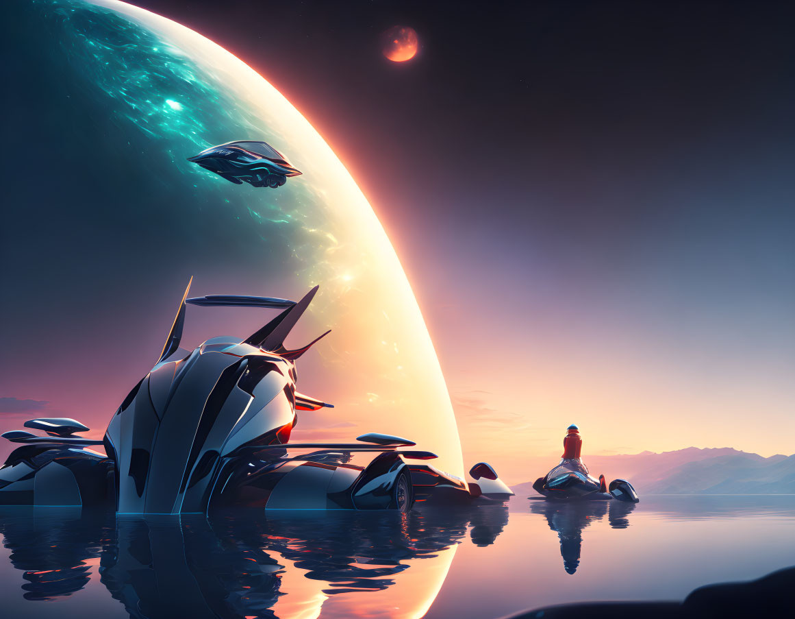 Futuristic sci-fi landscape with figure, advanced vehicles, planet, and spaceship