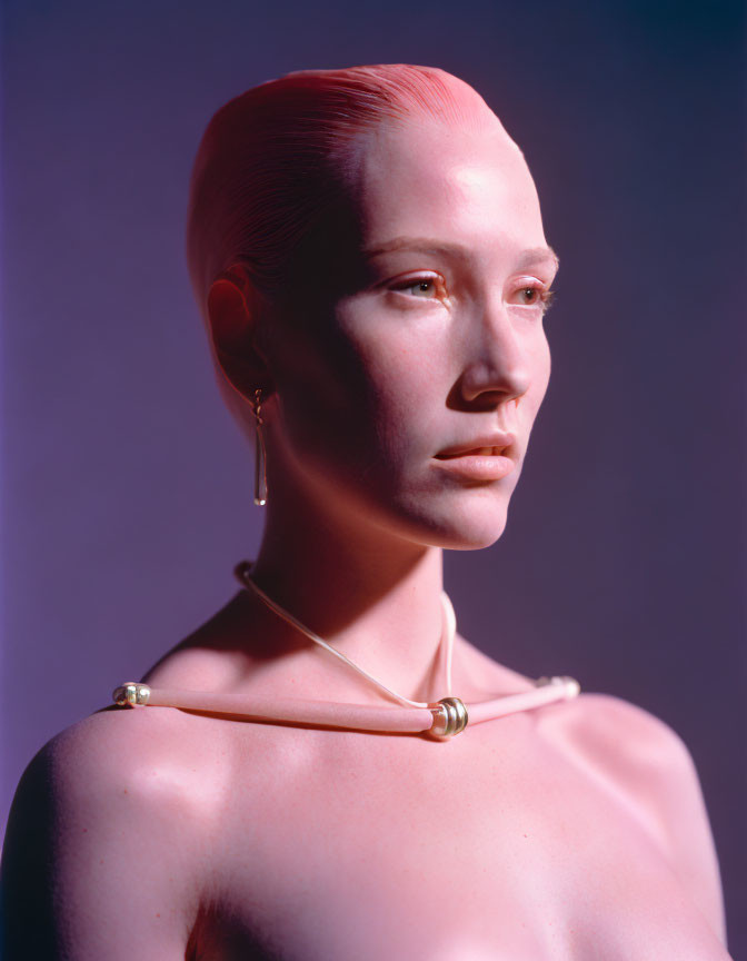 Slicked Back Hair Woman in Metallic Jewelry on Purple Background