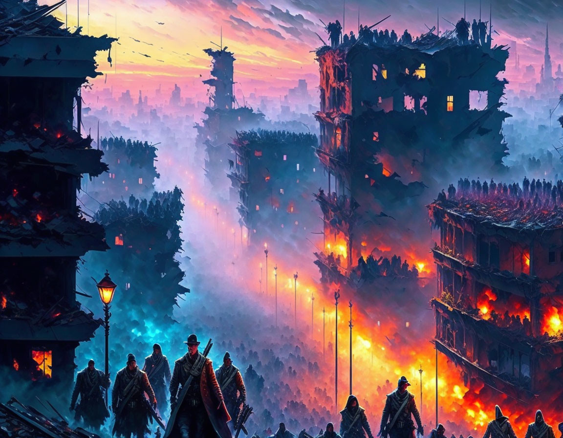 Dystopian cityscape digital artwork at dusk with burning buildings.