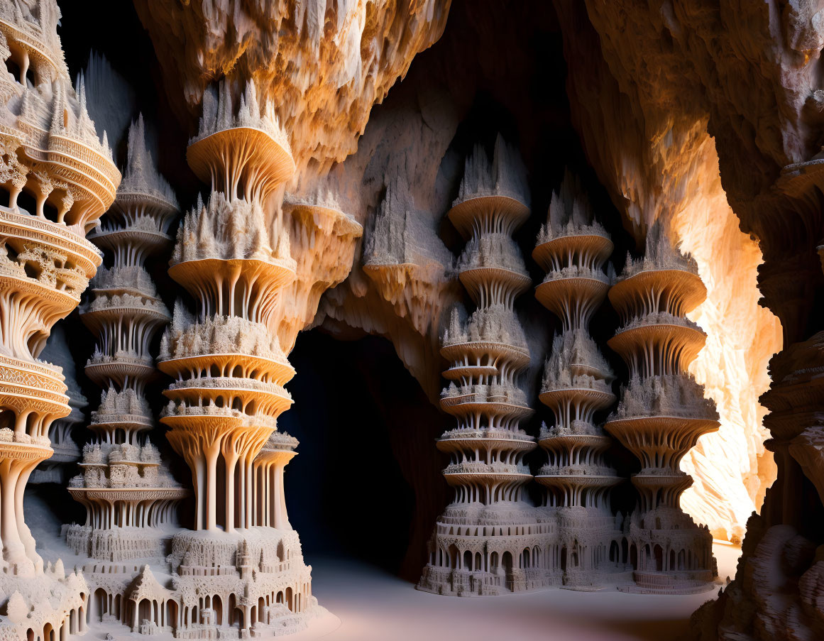 Sand castle structures with multiple tiers in cave, illuminated by warm light