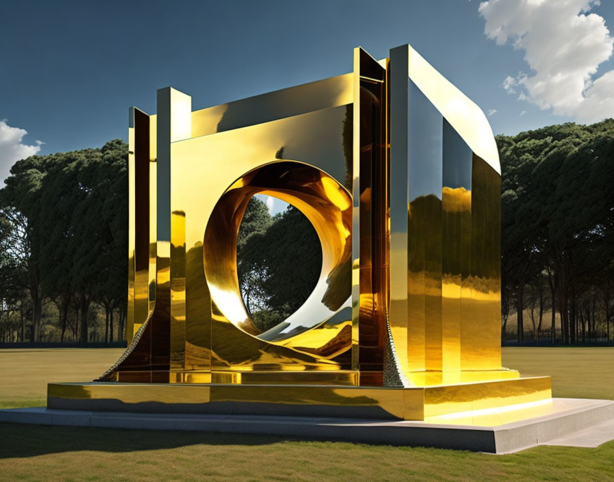 Golden futuristic sculpture with circular hole in lush green park