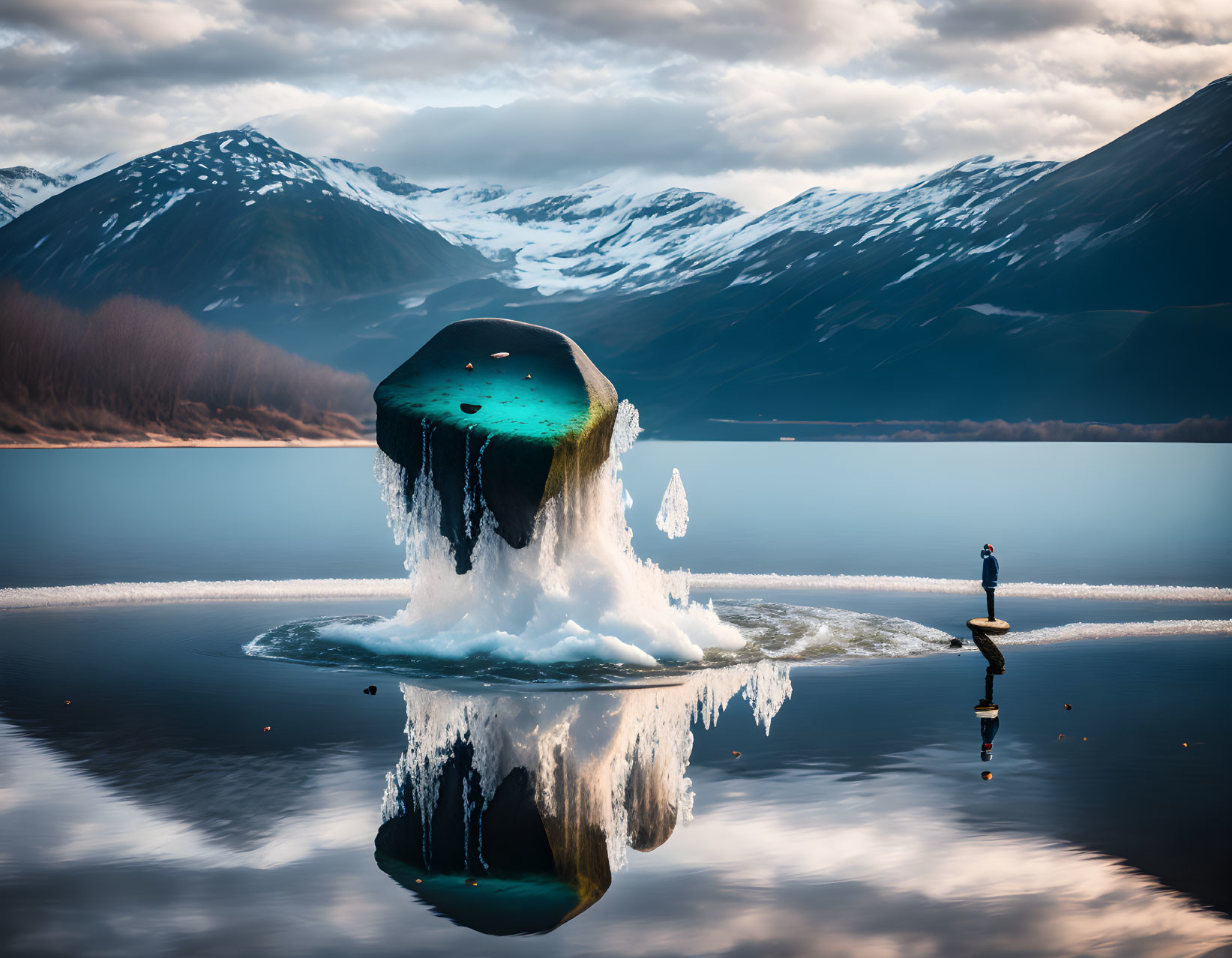 Person near melting ice structure by calm lake & mountains