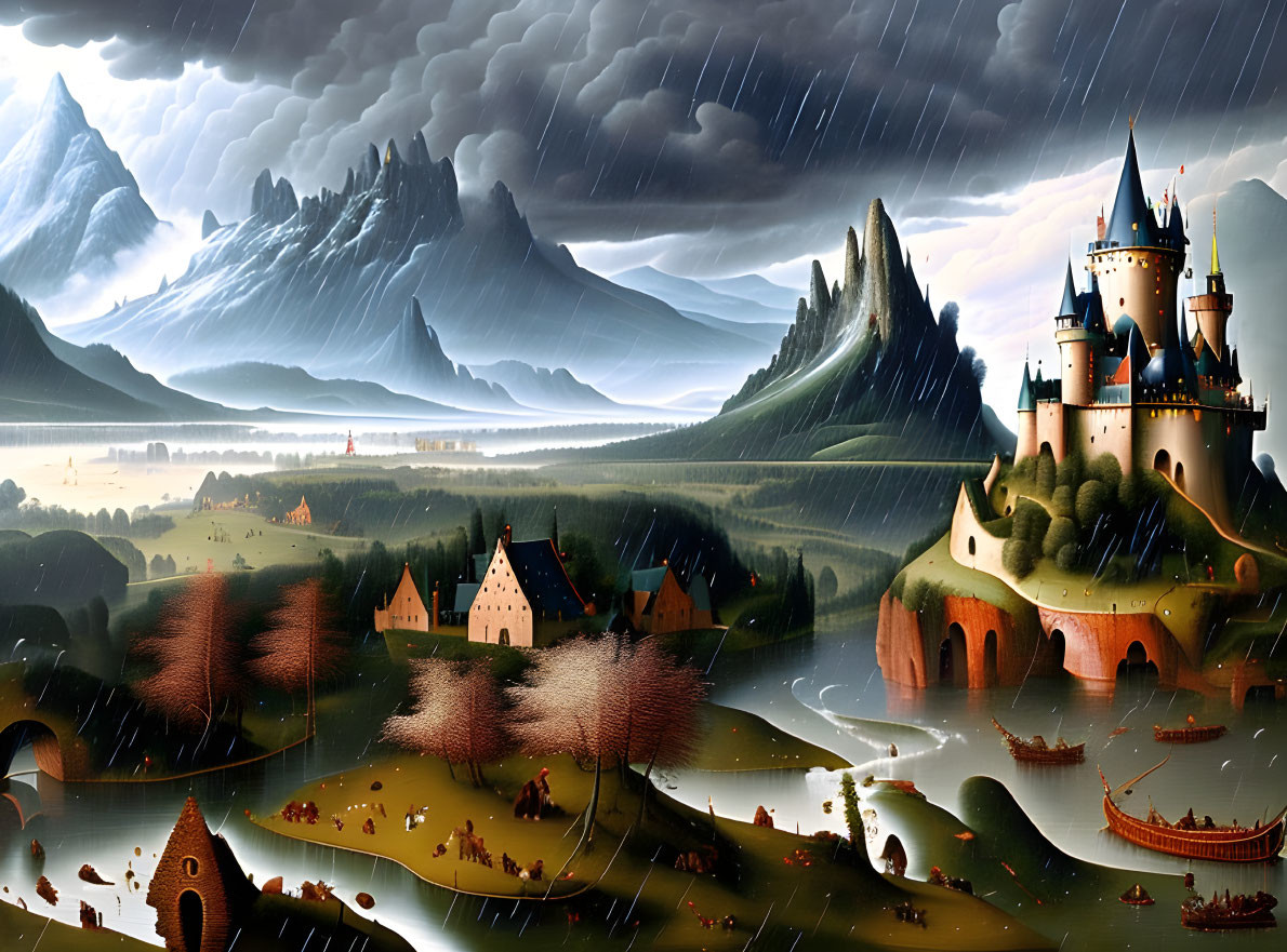 Majestic castle on hill in fantasy landscape with village and mountains.