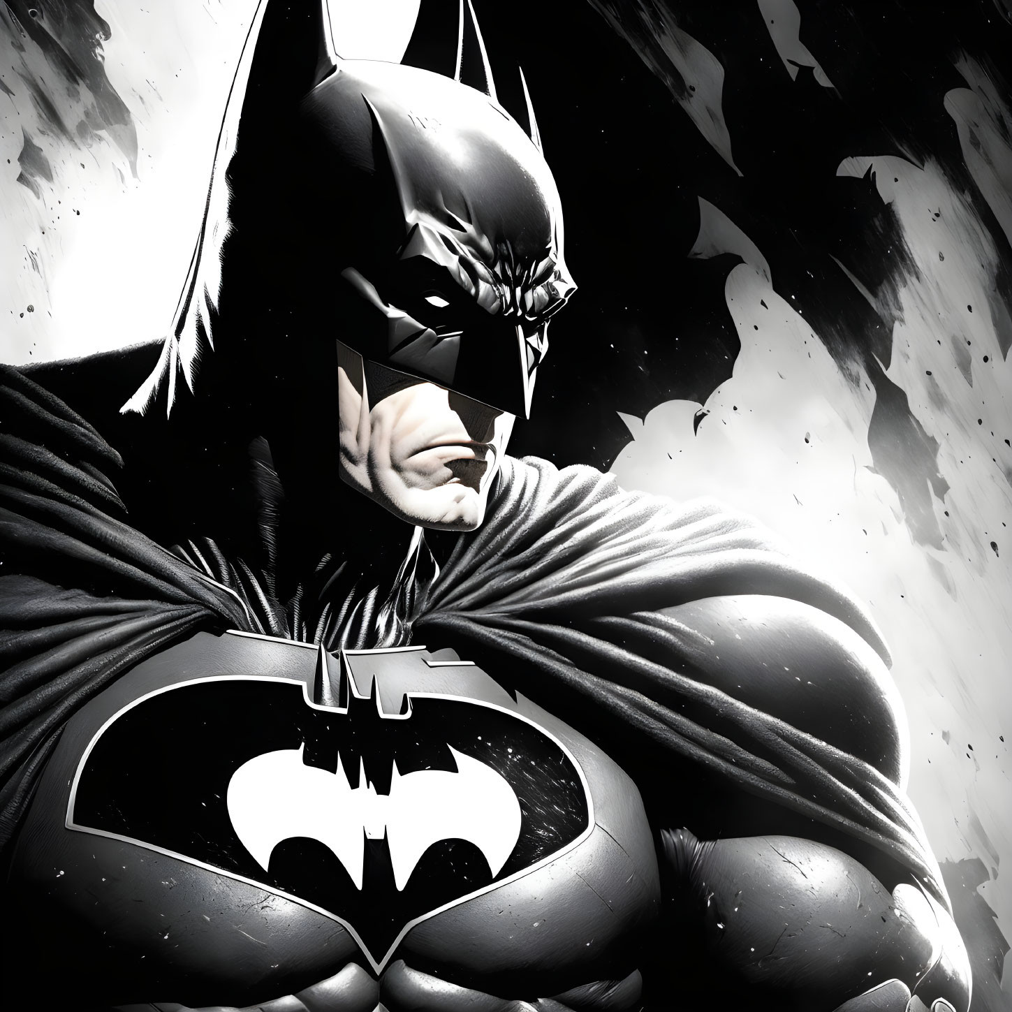 Monochromatic Batman illustration with stern expression and billowing cape