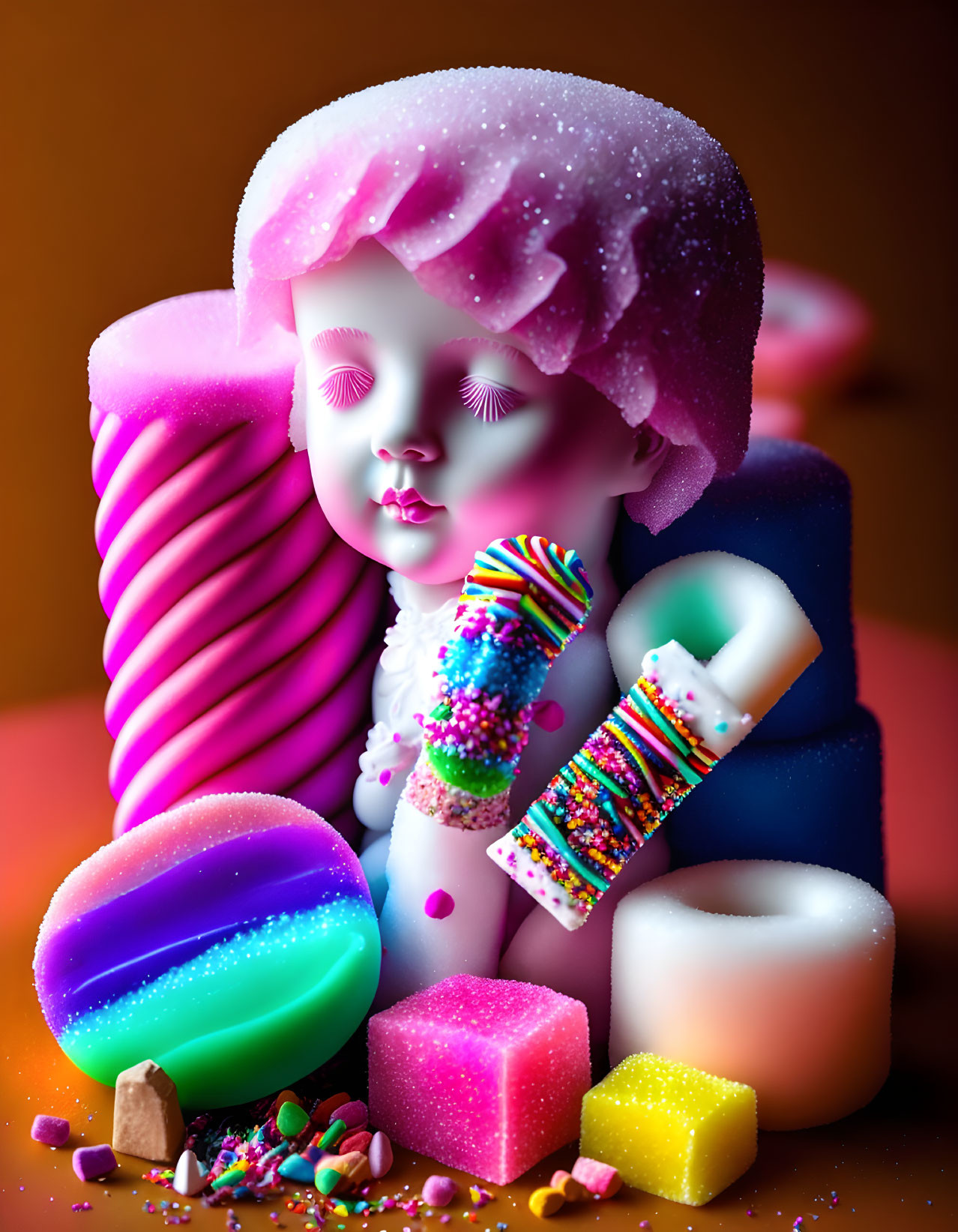 Colorful Candy Still Life with Marshmallow Figure on Warm Background