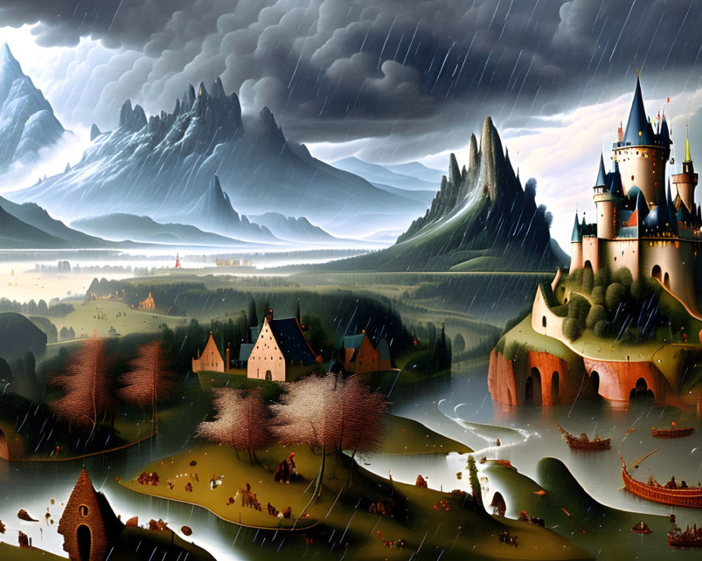 Majestic castle on hill in fantasy landscape with village and mountains.