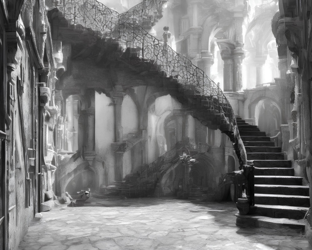 Monochrome image of ancient stone courtyard with figure on staircase