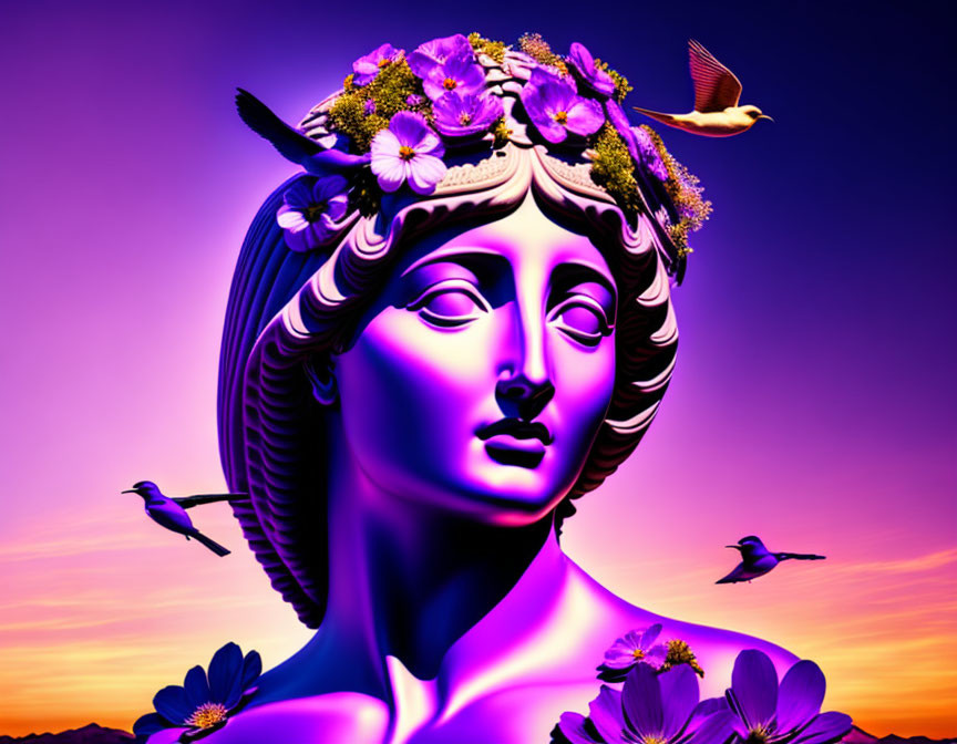 Digital art: Classic statue with floral crown and birds in vibrant colors