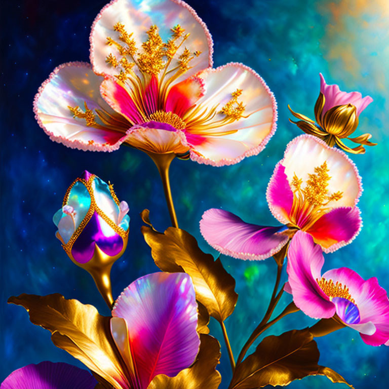 Digitally-Enhanced Flowers with Glowing Edges and Gold Accents