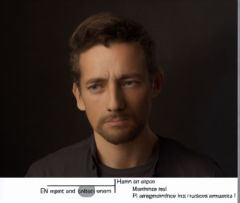 Pensive man with stubble in portrait against dark background with overlay.