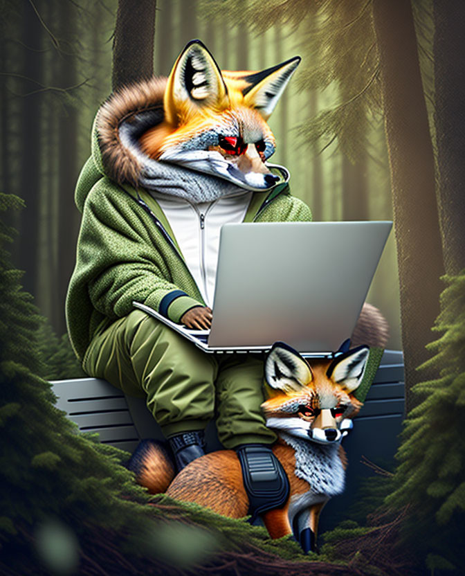 Anthropomorphic fox in hoodie and glasses typing on laptop in forest