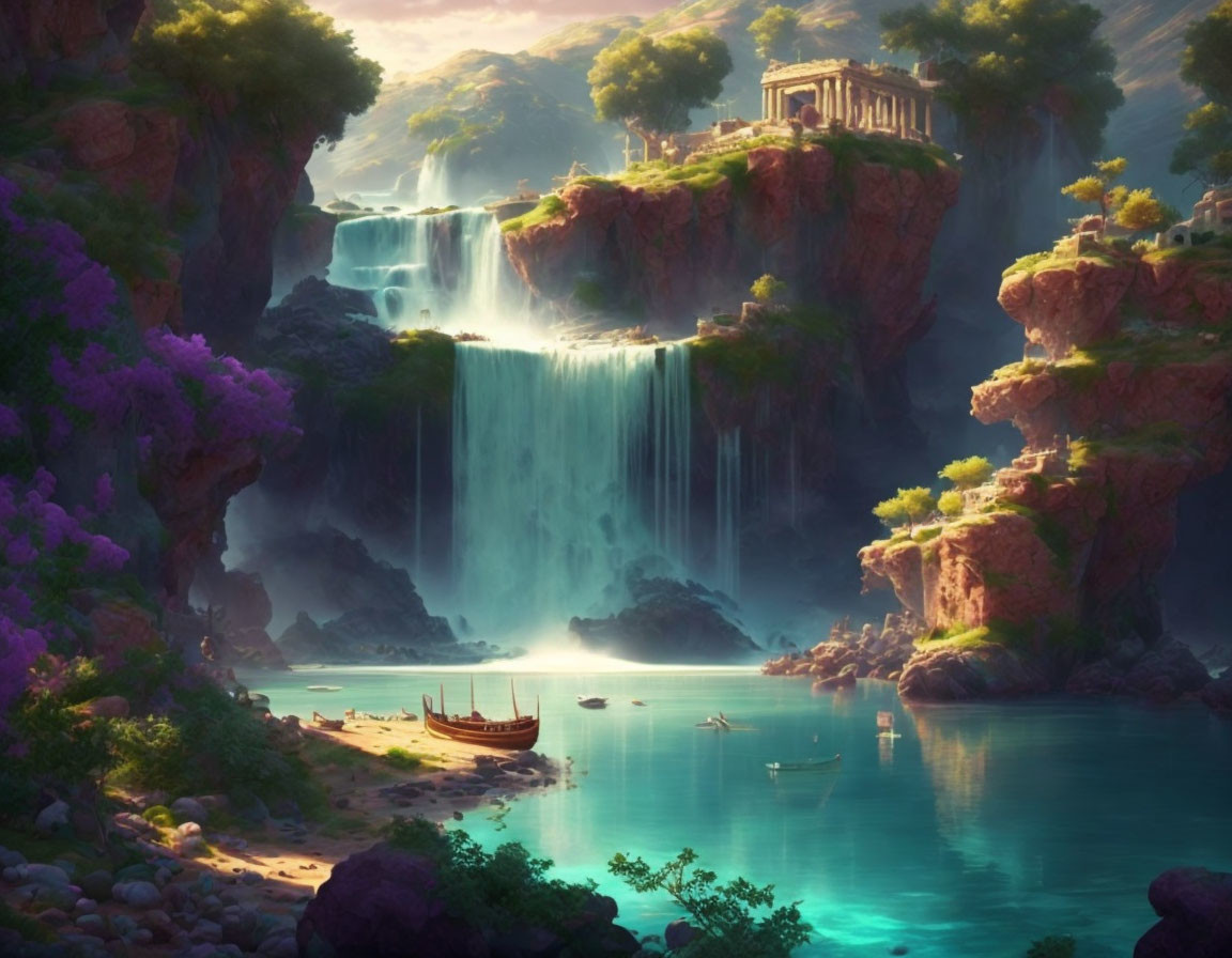 Tranquil fantasy landscape with waterfall, lush greenery, purple trees, ancient ruins, blue lake