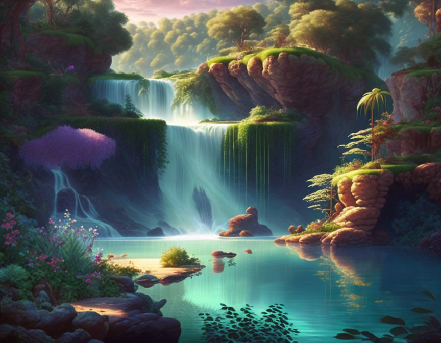 Tranquil waterfall flowing into serene lake amid lush greenery and vibrant flowers