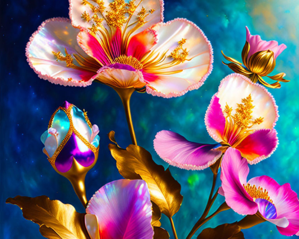 Digitally-Enhanced Flowers with Glowing Edges and Gold Accents