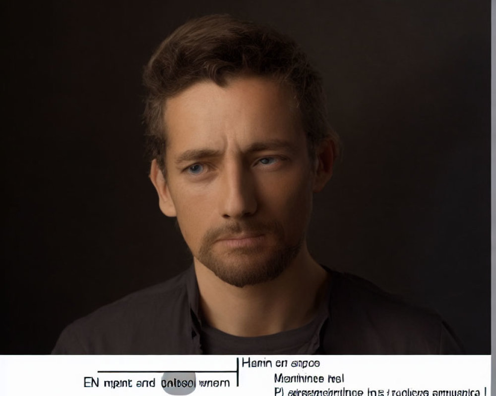 Pensive man with stubble in portrait against dark background with overlay.