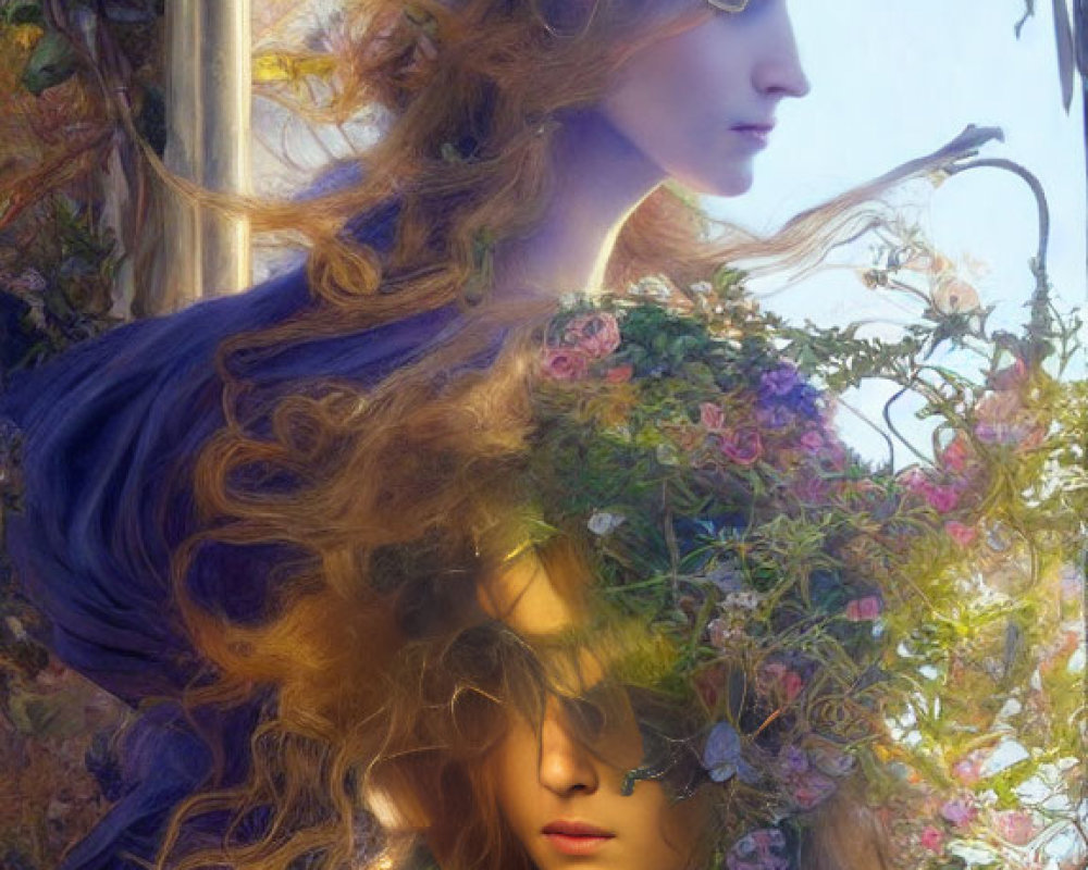 Artwork featuring woman with golden hair intertwined with greenery and flowers.