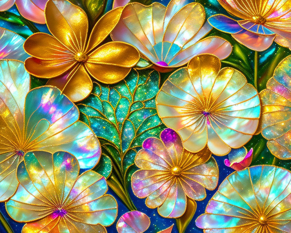 Colorful Metallic Flowers and Leaves Illustration with Iridescent Petals and Gold Detailing