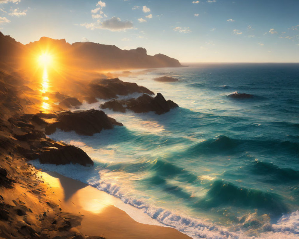 Scenic sunset over rugged coastline with crashing waves