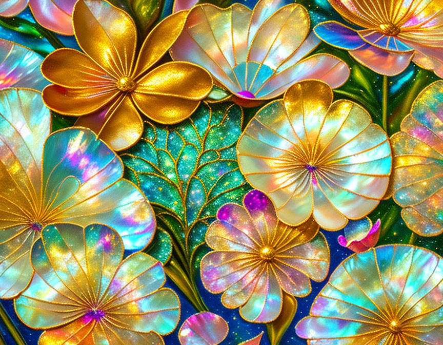 Colorful Metallic Flowers and Leaves Illustration with Iridescent Petals and Gold Detailing