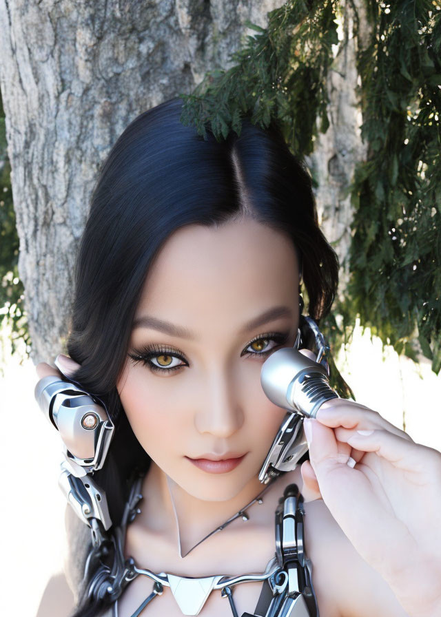 Humanoid Robot with Lifelike Female Face and Mechanical Body Poses Against Tree Backdrop