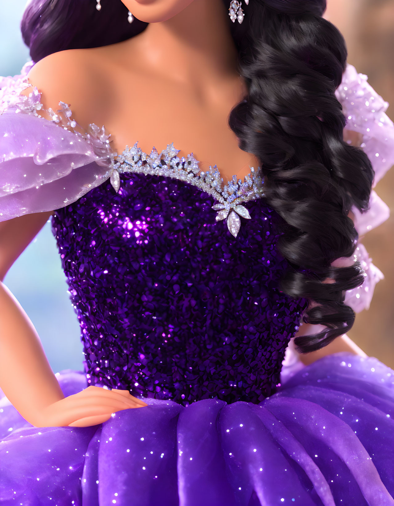 Princess character in purple dress with bejeweled hairstyle