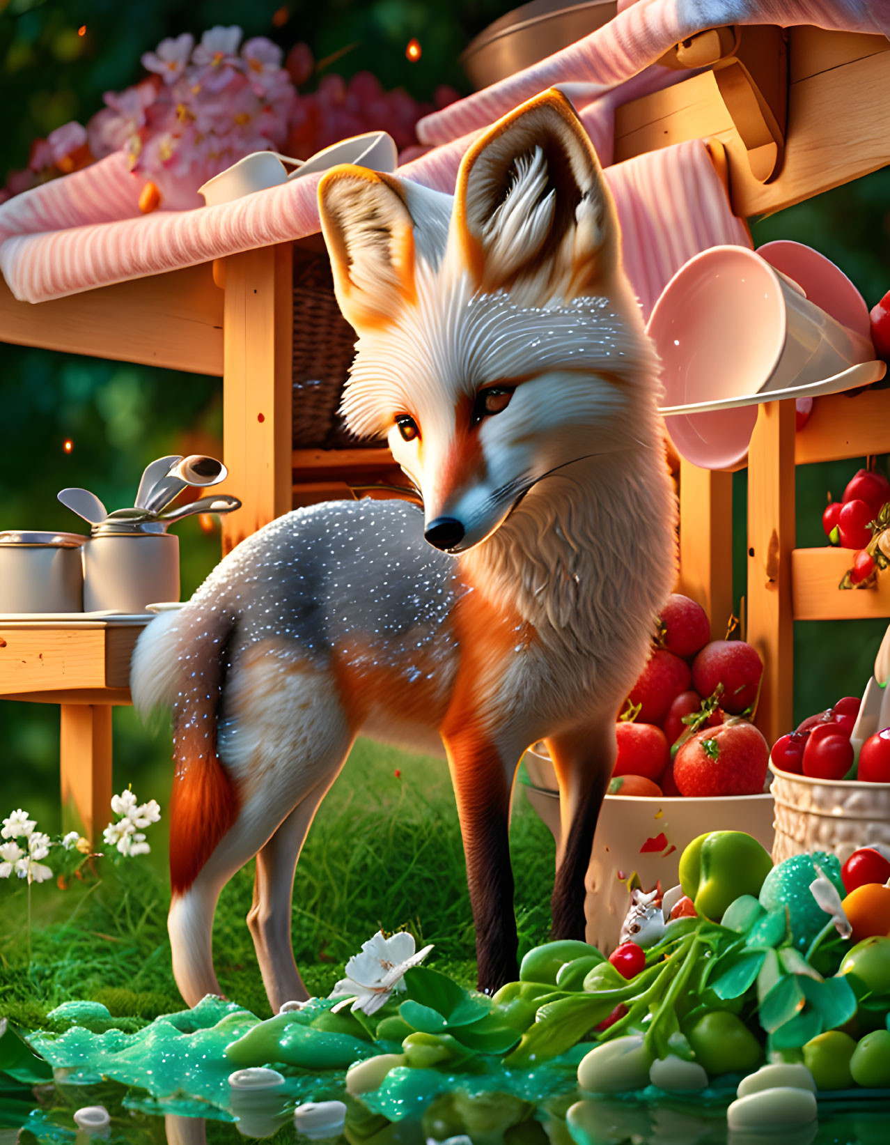 Colorful Fox Surrounded by Fruits, Flowers, and Tools in Twilight Scene