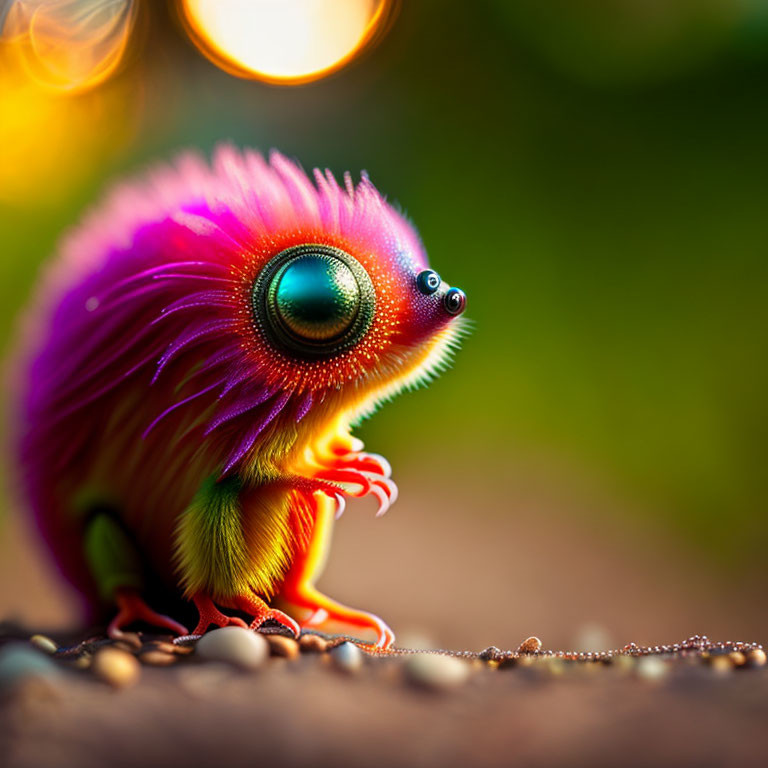 Colorful fantastical creature with bright feathers and large green eyes in warm, illuminated setting