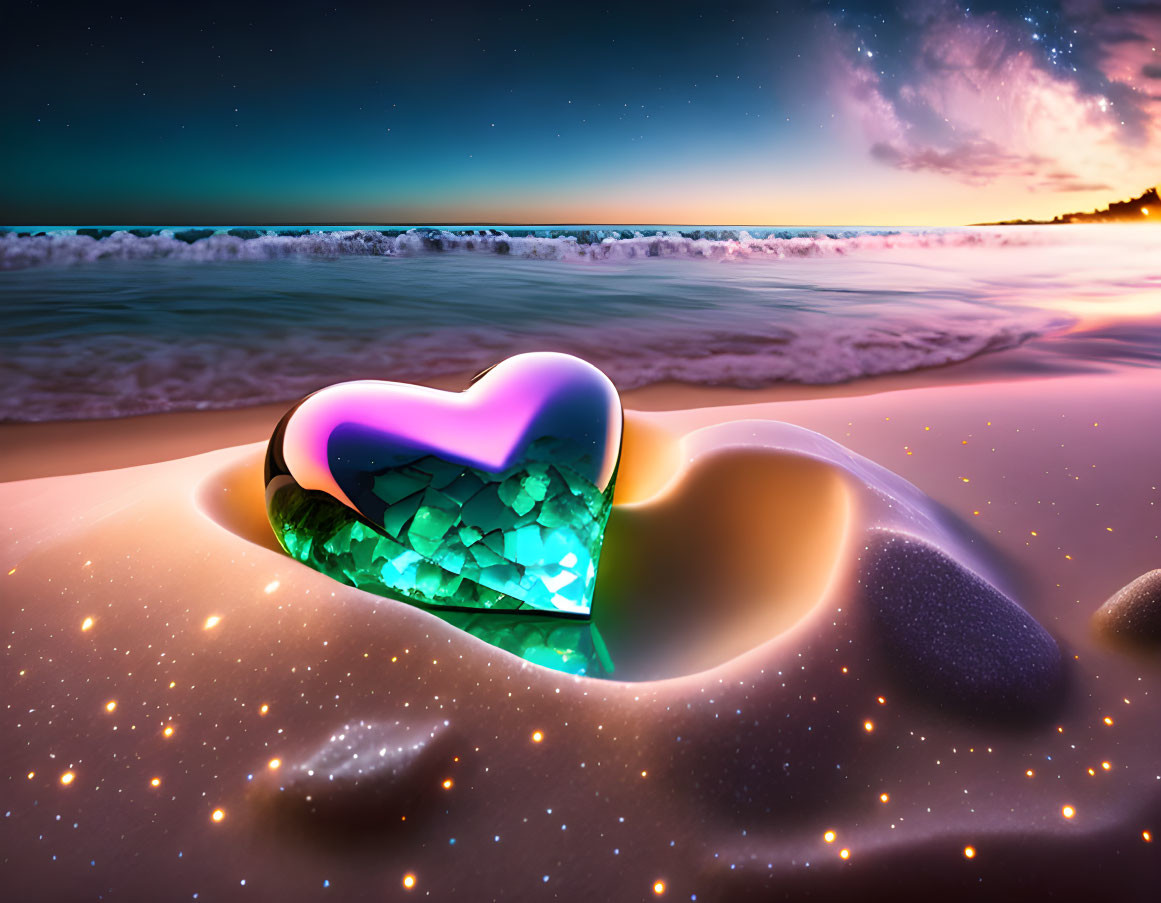 Glowing heart-shaped object on sandy shore under twilight sky