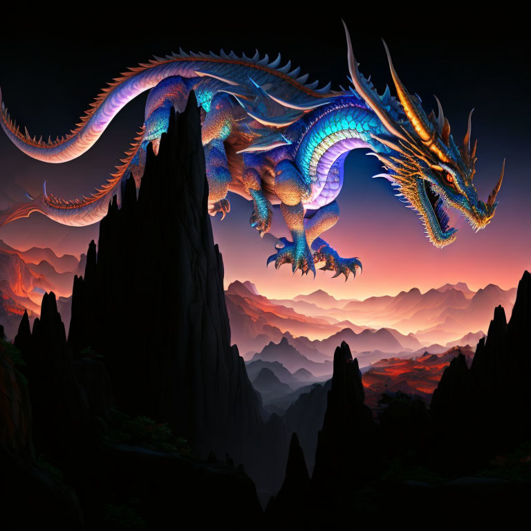 Colorful Dragon Flying over Mountainous Landscape at Twilight