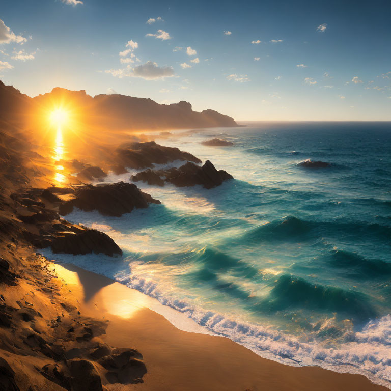 Scenic sunset over rugged coastline with crashing waves